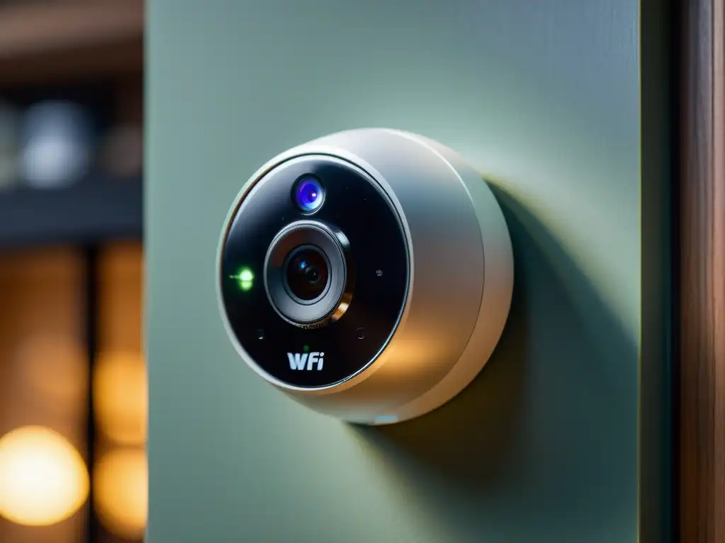 Cámara de seguridad WiFi de diseño moderno en hogar elegante Una cámara de seguridad WiFi de diseño elegante, integrada perfectamente en un entorno doméstico moderno