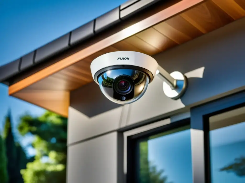 Una cámara de seguridad doméstica moderna con diseño futurista, integrada perfectamente en una elegante arquitectura contemporánea