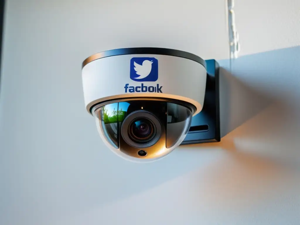 Una cámara de seguridad moderna integrada con logos de redes sociales como Facebook, Twitter e Instagram en una interfaz digital