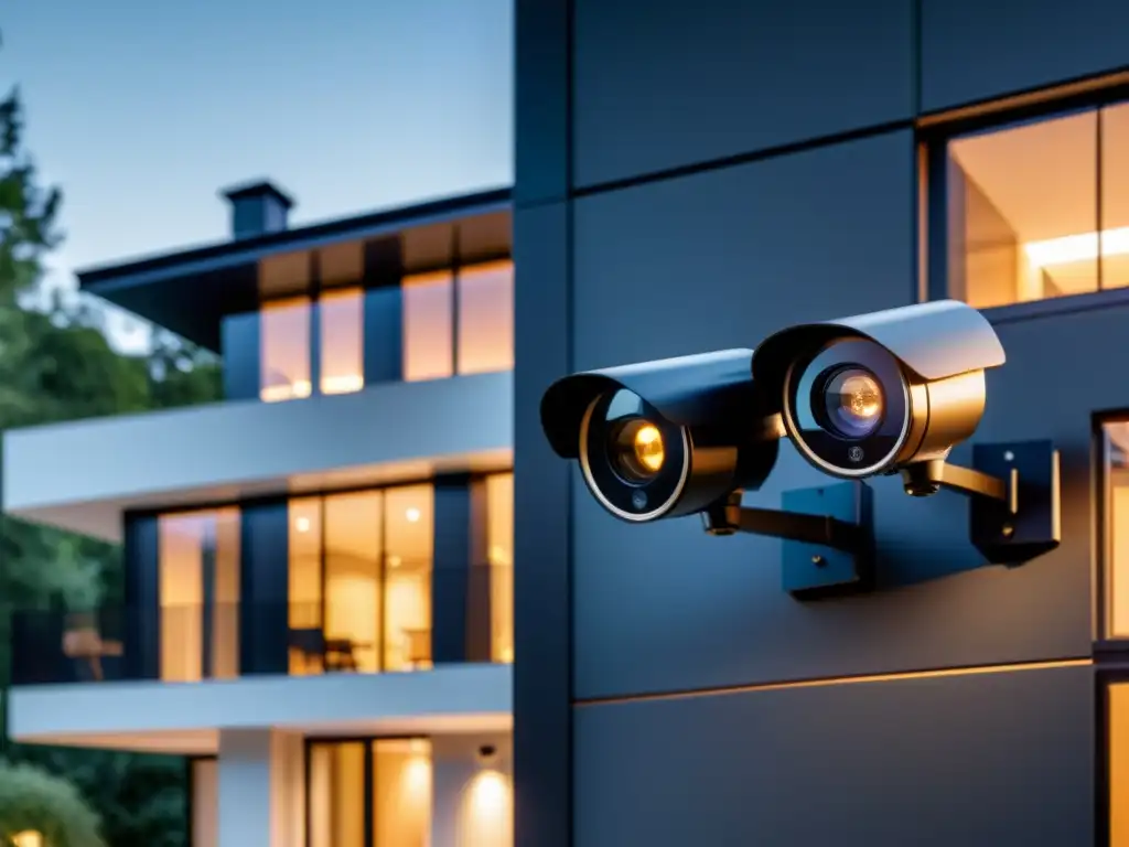 Cámaras inteligentes en casa privacidad: sistema de seguridad moderno con cámaras negras integradas en una casa minimalista al anochecer