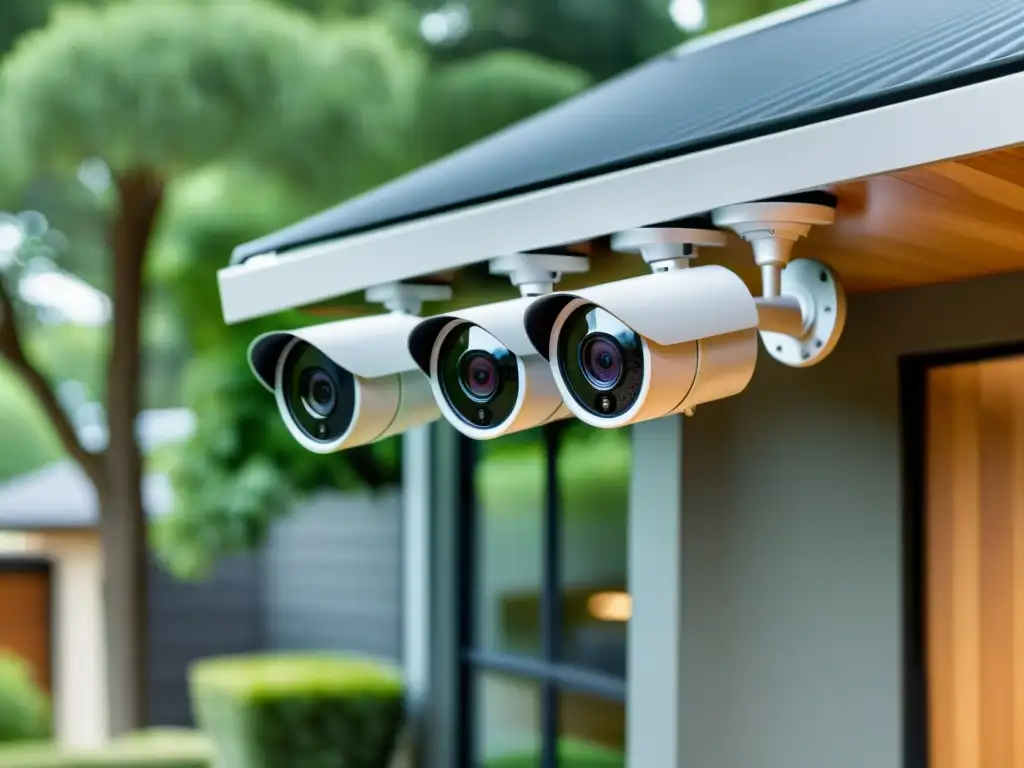 Cámaras inteligentes en casa privacidad: Sistema de seguridad moderno con cámaras estratégicamente ubicadas alrededor de una casa contemporánea