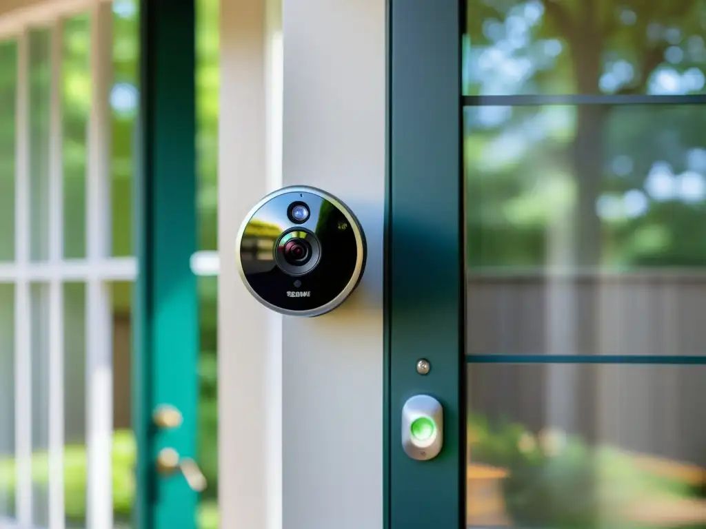 Sistema de cámaras de seguridad modernas en alta resolución Dos cámaras de seguridad, una enfocada en la puerta principal y la otra en el patio trasero, mostrando las opciones WiFi y cableadas