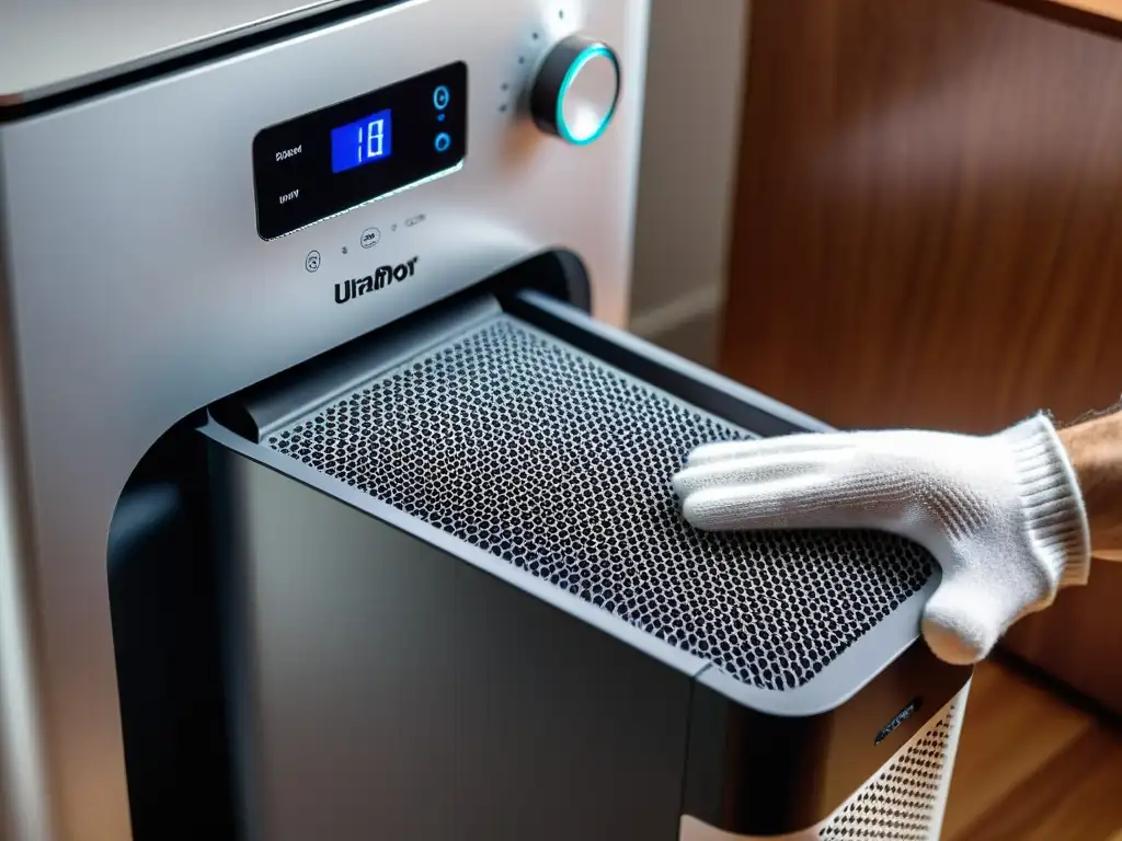 Mantenimiento profesional de purificador de aire: cuidado de filtro Cambio de filtros purificadores de aire: mano retirando filtro sucio de moderno purificador, resaltando importancia del mantenimiento