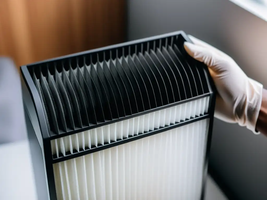 Mantenimiento de purificador: mano limpia retirando filtro sucio Cambio de filtros purificadores de aire: mano retirando filtro sucio de purificador moderno, resaltando la importancia del mantenimiento