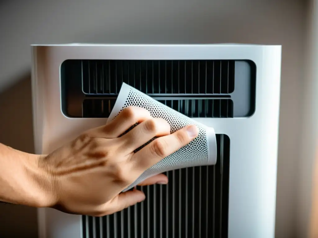 Reemplazo de filtro en purificador de aire: paso a paso Cambio de filtros en purificadores de aire: Reemplazando el filtro sucio por uno nuevo en un moderno purificador de aire