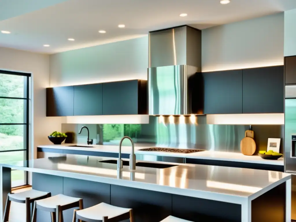 Campana extractora de acero inoxidable y vidrio: toque contemporáneo para la cocina Campana extractora decorativa DIY de acero inoxidable y vidrio, con iluminación LED integrada y diseño minimalista en una cocina moderna y luminosa