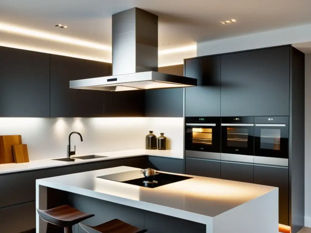 Extractor de cocina de acero inoxidable moderno sobre isla elegante Campana extractora decorativa DIY sobre isla de cocina moderna con iluminación cálida y accesorios minimalistas