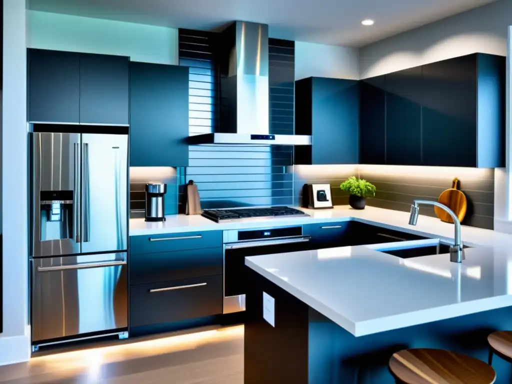 Cocina moderna con campana potente y silenciosa sobre isla elegante Campana extractora potente y silenciosa sobre isla de cocina moderna con electrodomésticos de acero inoxidable y salpicadero de azulejos de metro