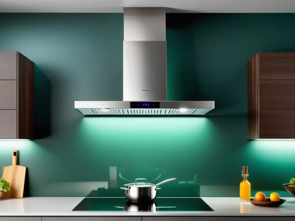 Campana extractora de acero inoxidable sobre isla de cocina elegante Campana extractora potente y silenciosa sobre isla de cocina elegante, bañada en luz natural