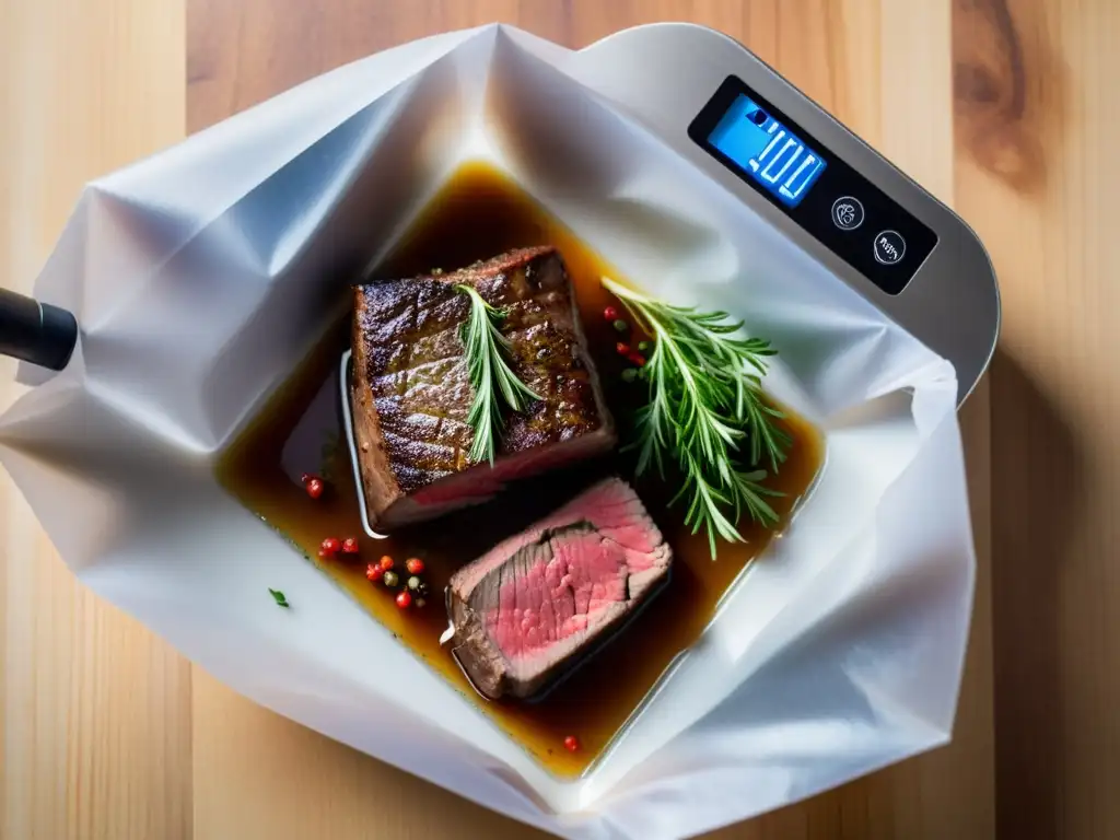Sousvide en casa: tecnología culinaria moderna y profesional para chefs caseros, con steak perfectamente cocido en bolsa al vacío