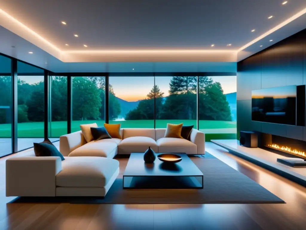 Smart Home 8k: Sala Minimalista de Lujo con Tecnología Siri Una casa inteligente con control de voz, Siri y tecnología HomeKit