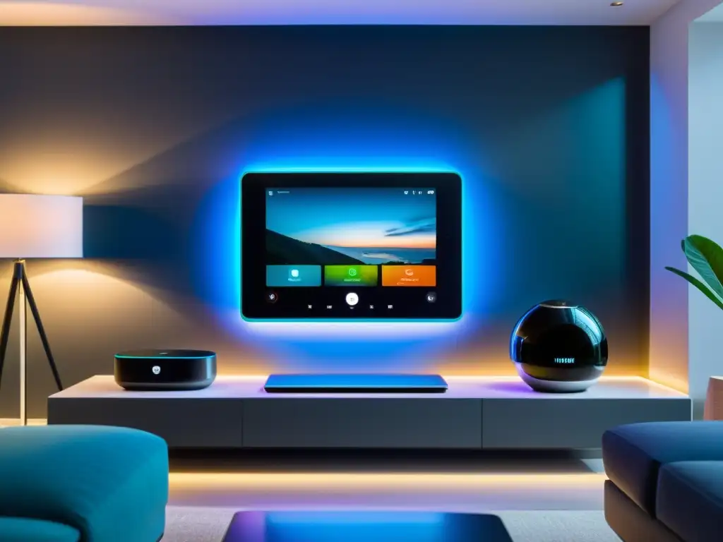 Smart Home Futurista: Integración perfecta de dispositivos de vanguardia Una casa inteligente moderna con dispositivos integrados y elegantes, ofreciendo ofertas en tablets y dispositivos inteligentes para el hogar