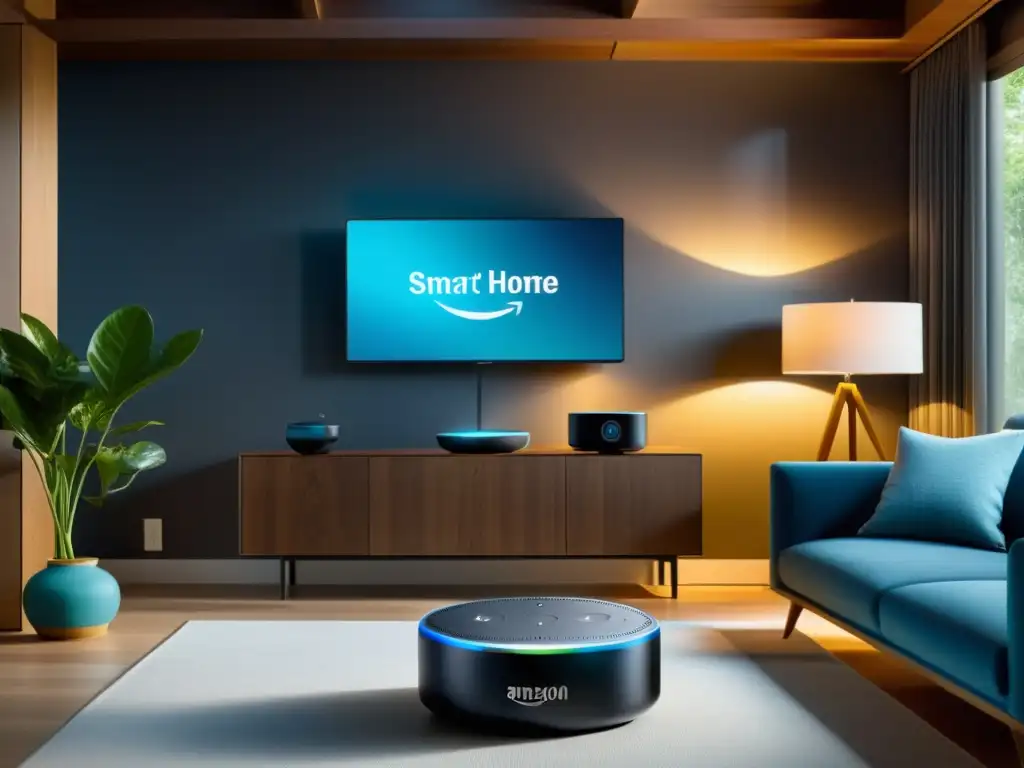 Guía para convertir casa en inteligente: Sala de estar moderna con Amazon Alexa controlando dispositivos y creando comodidad y conveniencia