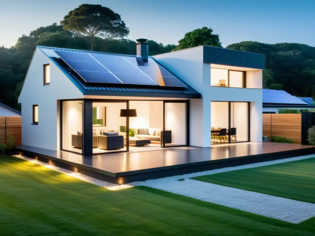 Una casa moderna y eficiente en energía con paneles solares, iluminación LED y tecnología doméstica para el impacto modo espera consumo