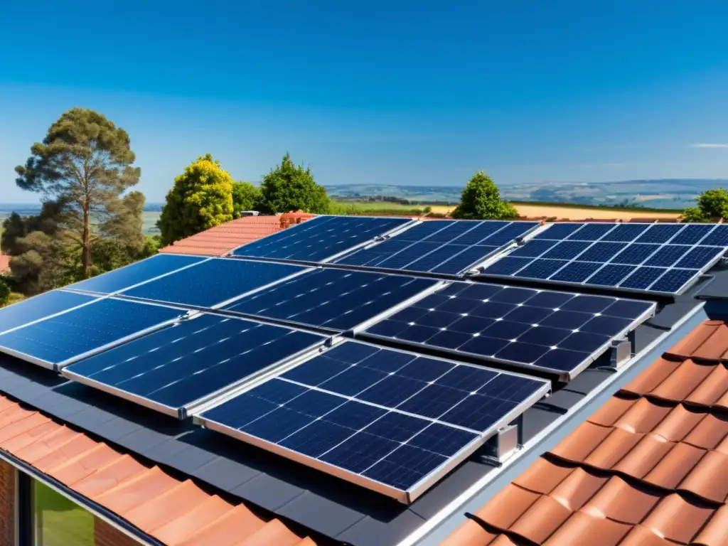 Una casa residencial moderna con paneles solares integrados en el techo, bajo un cielo azul