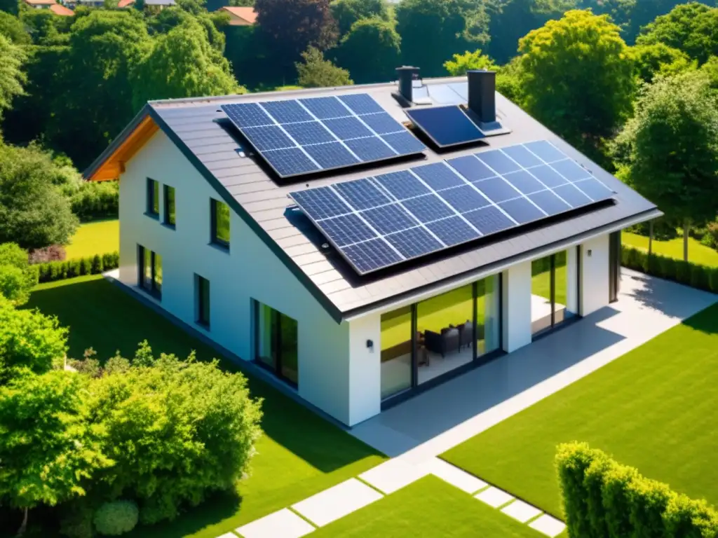 Residencia moderna con paneles solares elegantes Una casa residencial moderna con paneles solares integrados en el techo, bañada por una cálida luz solar