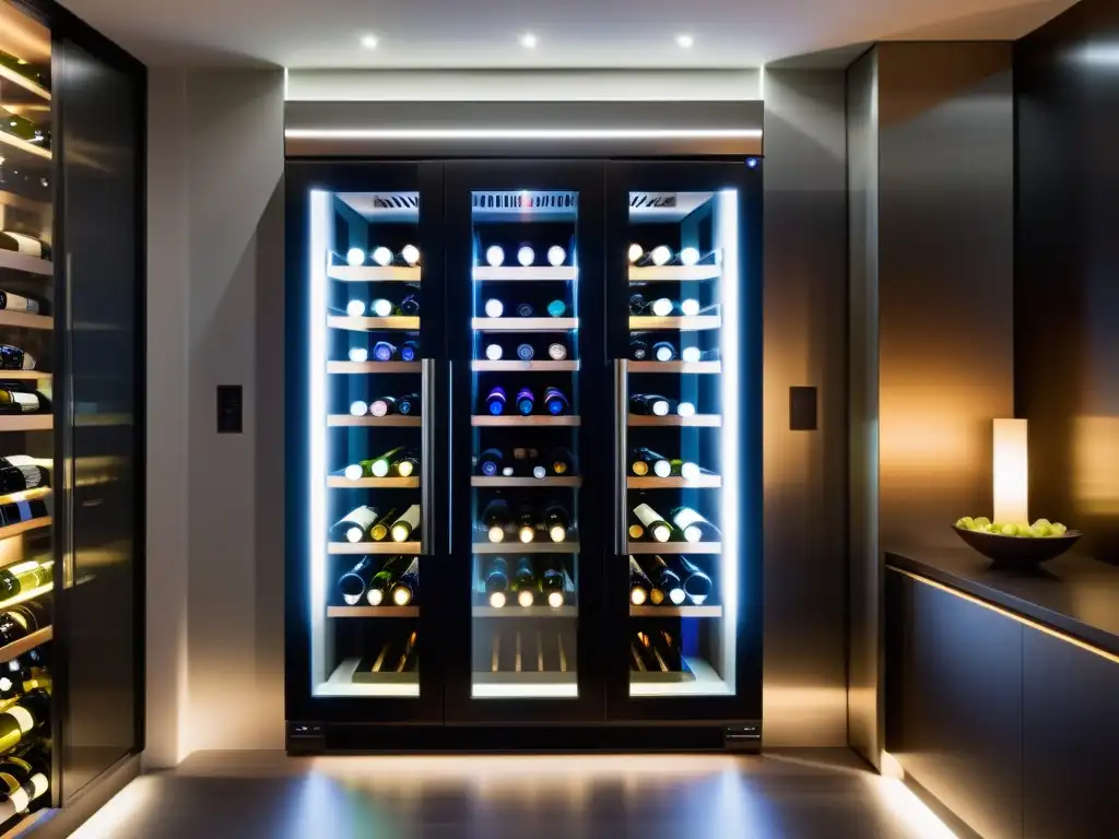 Cava de vinos de alta gama con iluminación LED suave Una cava de vinos de alta gama con diseño moderno, iluminación LED suave y botellas de vino premium cuidadosamente organizadas