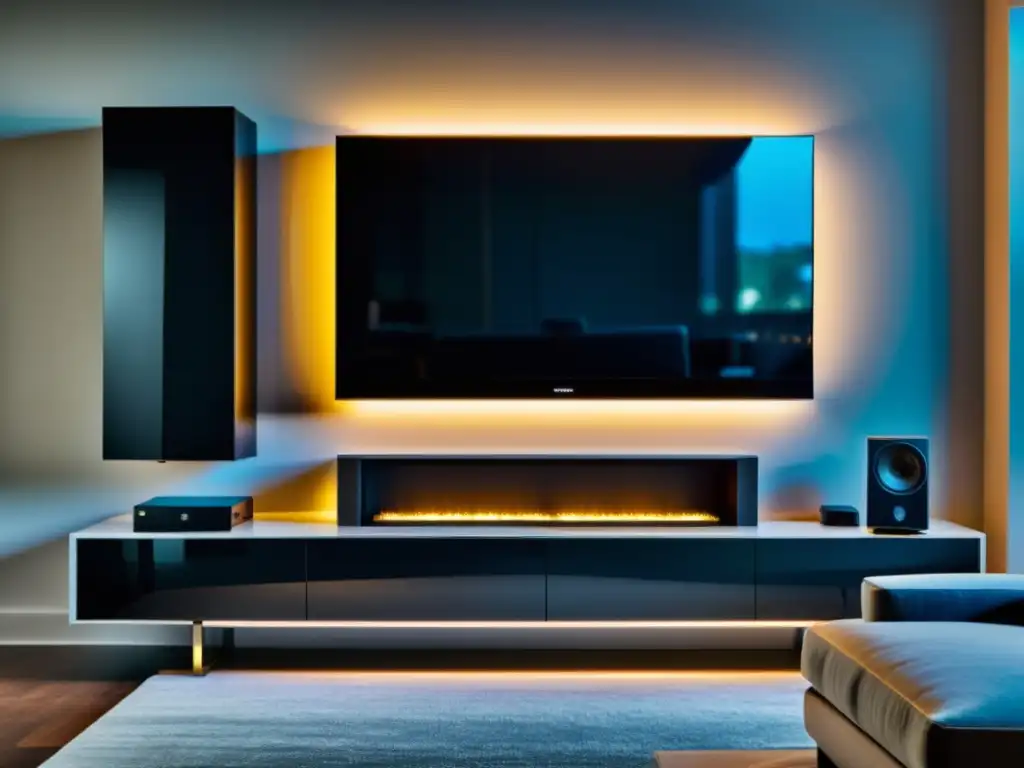 Centro de entretenimiento moderno y personalizado con sistema de sonido Un centro de entretenimiento moderno y elegante con sistema de sonido y TV personalizado