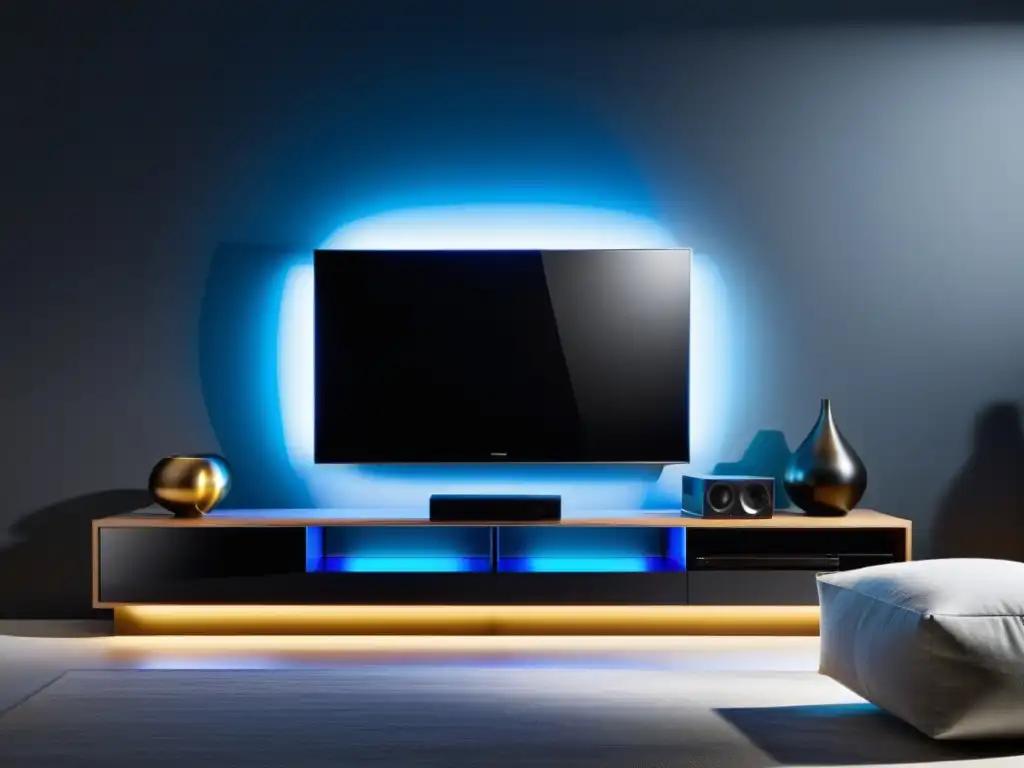Centro de entretenimiento moderno con iluminación LED personalizable Un centro de entretenimiento moderno y elegante, con sistema de sonido personalizable, pantalla de TV de alta definición y luces LED ajustables