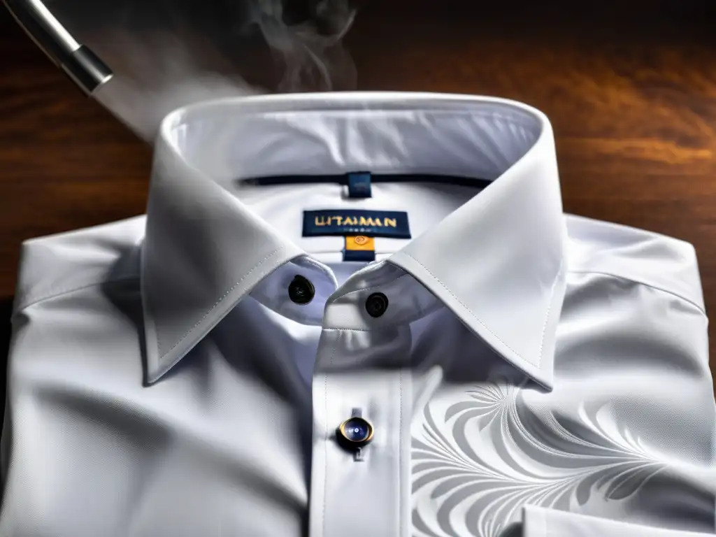 Camisa blanca impecable: planchado profesional con vapor Centro de planchado Rowenta dejando impecable una camisa blanca con vapor, mostrando eficiencia y perfección en cada pliegue