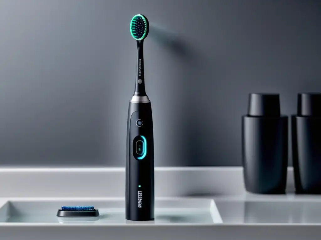 Imagen 8k de un elegante cepillo de dientes eléctrico negro mate Un cepillo de dientes eléctrico moderno y elegante con pantalla y luz indirecta, en un entorno de baño contemporáneo