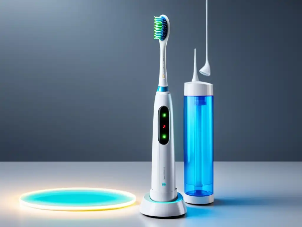 Imagen de cepillo eléctrico moderno con sonrisa brillante Un cepillo de dientes eléctrico moderno y elegante con una sonrisa vibrante y radiante de fondo