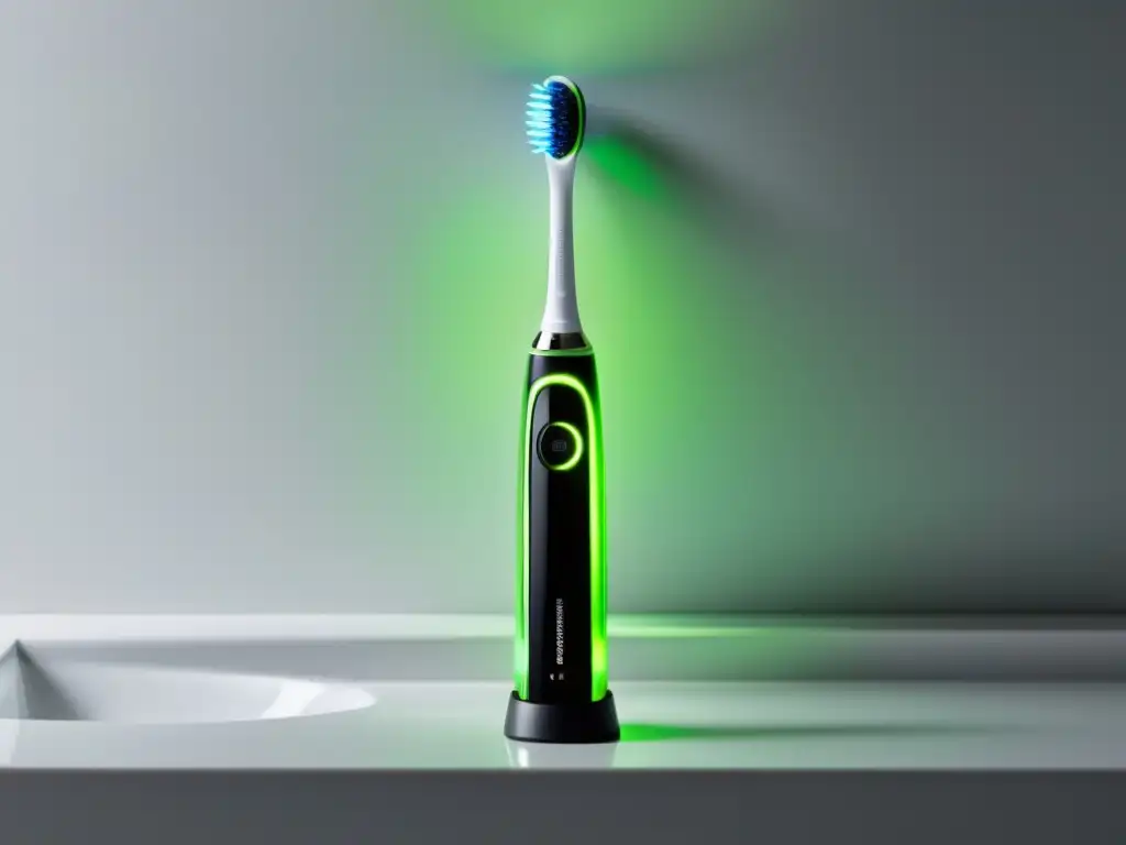Imagen de cepillo eléctrico innovador para el cuidado bucal Un cepillo de dientes eléctrico moderno y elegante con cerdas vibrantes, en un baño blanco