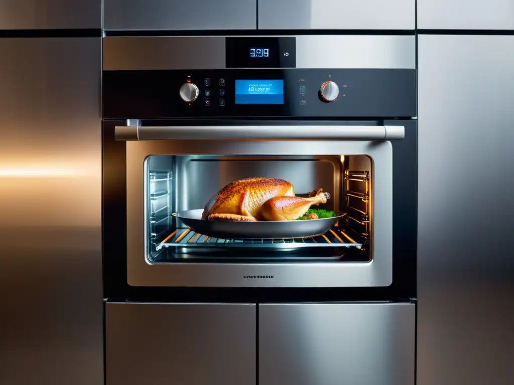 Cocina futurista con horno inteligente de alta tecnología Un chef ajusta el horno inteligente con pantalla táctil en una cocina moderna, iluminada suavemente