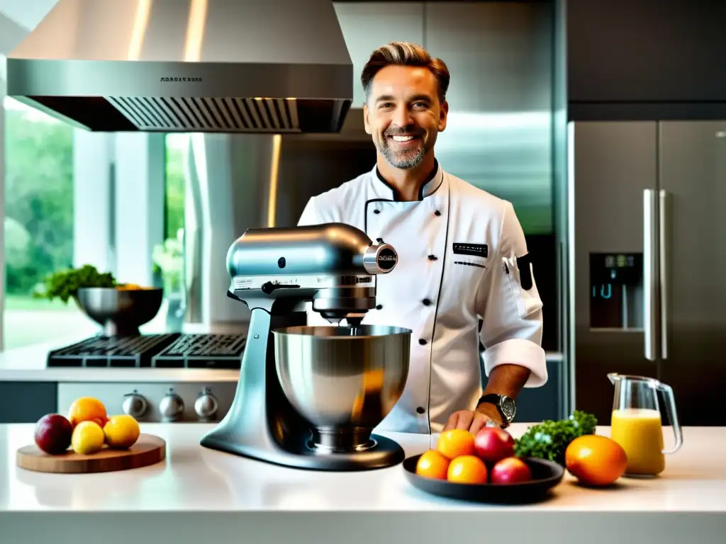 Un chef profesional usa una batidora multifuncional en una cocina moderna