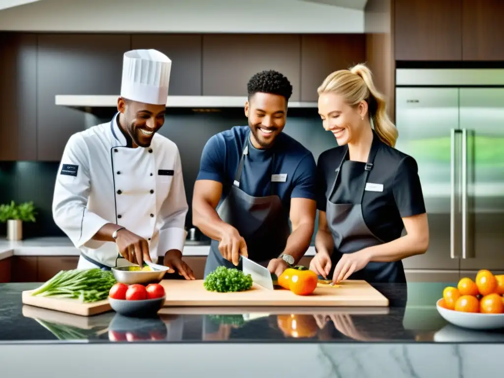 Cocina moderna con chef y asistente AI Un chef profesional corta vegetales en una cocina moderna con asistente AI