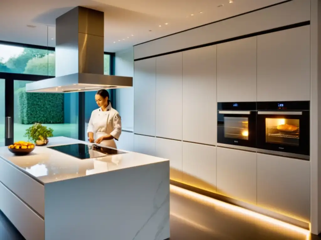 Un chef profesional supervisa un horno pirolítico de vanguardia en una elegante cocina de diseño moderno