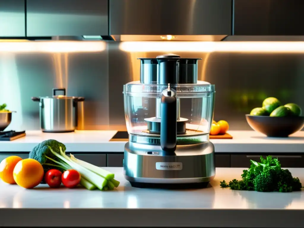 Chef profesional y procesador multifuncional en acción Un chef profesional usa un procesador de alimentos multifunción de alta gama en una cocina moderna, mostrando la inversión en tecnología culinaria