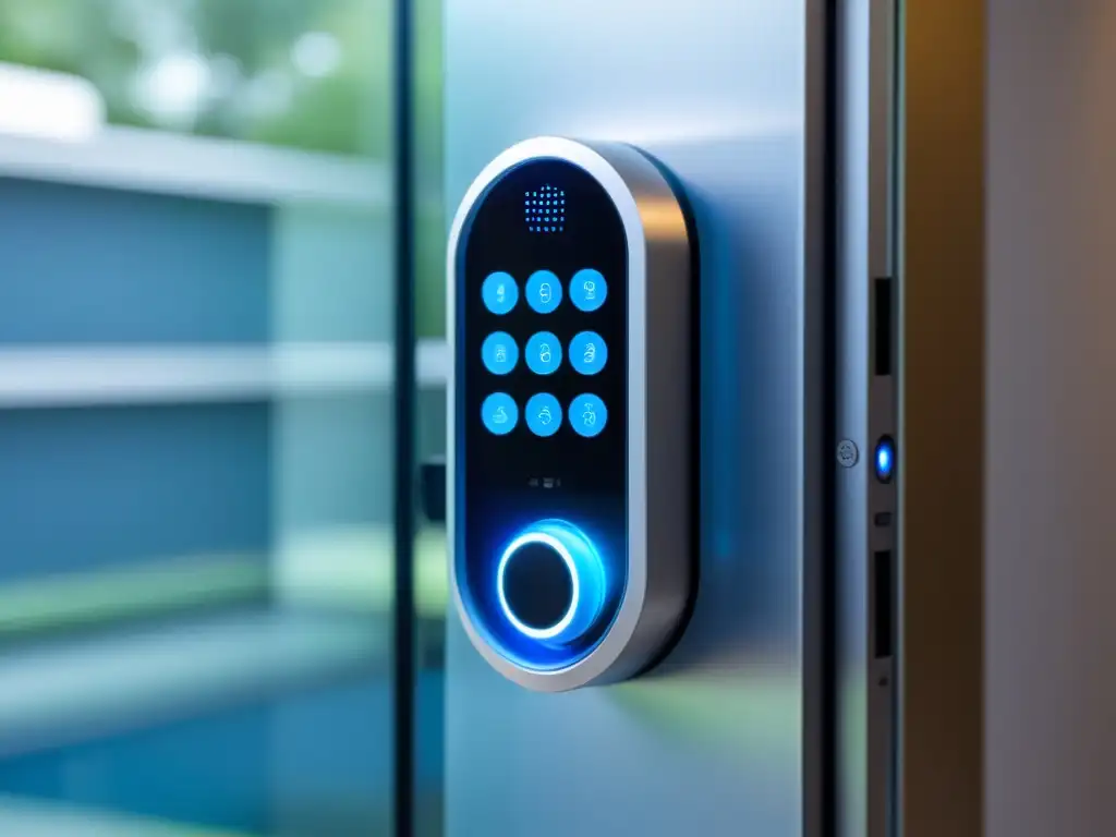 Sistema de seguridad futurista para hogares inteligentes Claves seguras para hogar inteligente: Sistema de seguridad moderno con teclado digital y escáner biométrico en elegante puerta de cristal