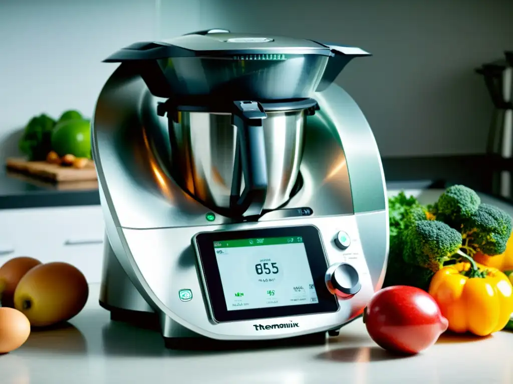 Thermomix TM6: Innovación y Elegancia en la Cocina Closeup del elegante Thermomix TM6 en una cocina moderna, con luz natural