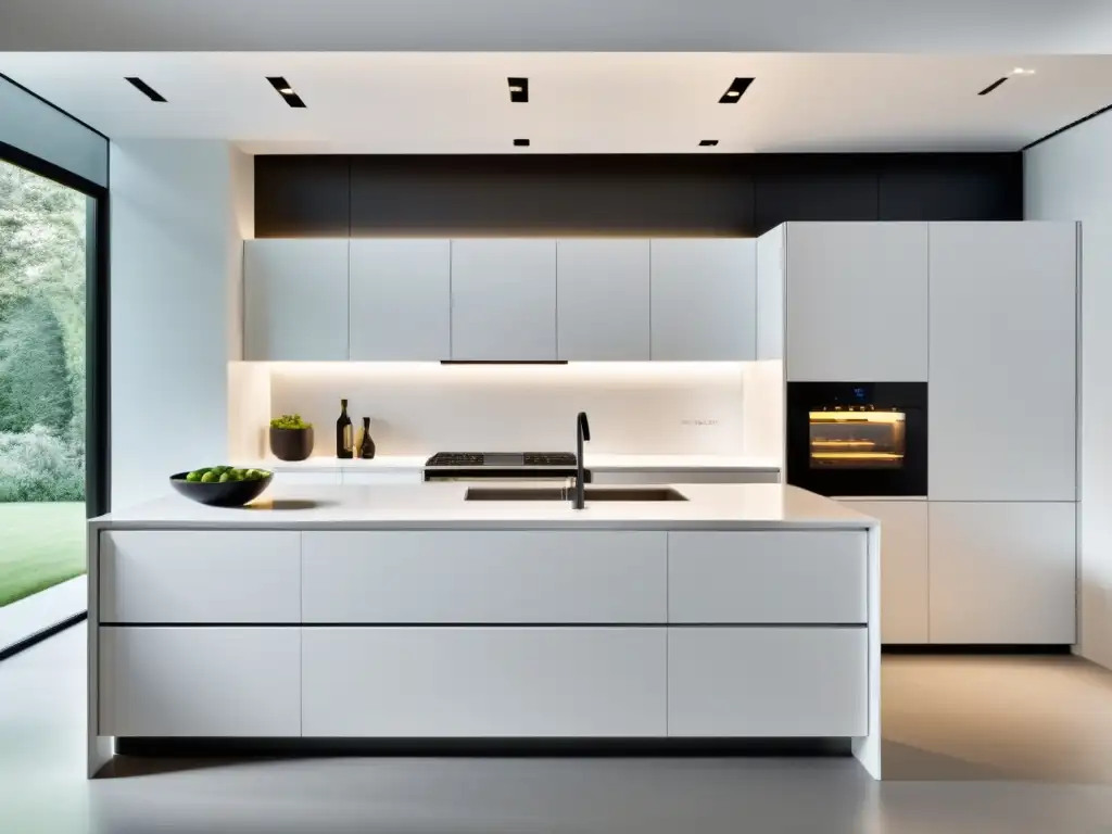 Cocina blanca futurista con electrodomésticos integrados Una cocina blanca y minimalista con electrodomésticos integrados, que encarna la integración de electrodomésticos en diseño moderno