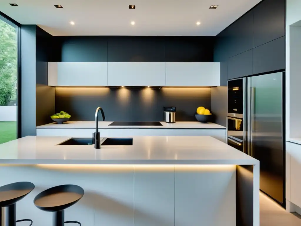 Una cocina compacta de diseño moderno con electrodomésticos integrados en gabinetes blancos minimalistas