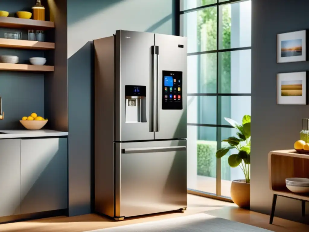 Refrigerador inteligente: ahorro energético y tecnología Una cocina contemporánea con electrodomésticos inteligentes de ahorro energético y una nevera inteligente con pantalla digital