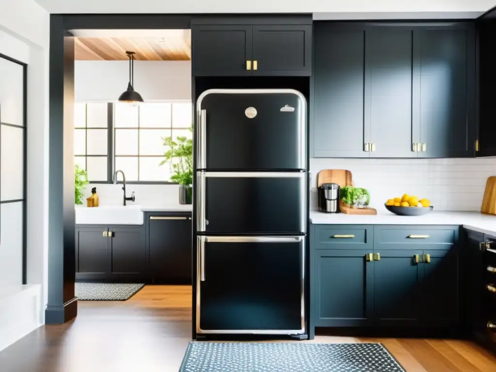 Refrigerador negro mate: contraste retro en cocina moderna Una cocina contemporánea con toques retro: un refrigerador negro mate con detalles cromados destaca entre azulejos blancos y gabinetes oscuros