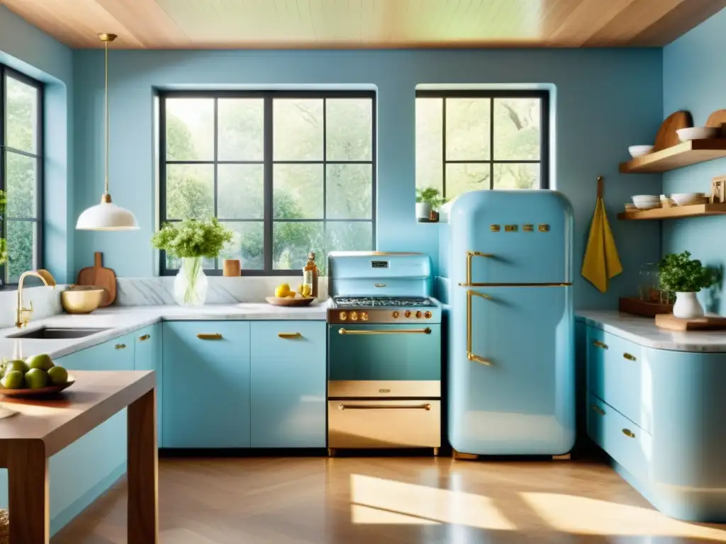 Cocina retrochic: fusión vintage-moderna con nevera Smeg azul Una cocina retro-chic con electrodomésticos de acero inoxidable y encimeras de mármol, destacando una nevera Smeg azul vintage
