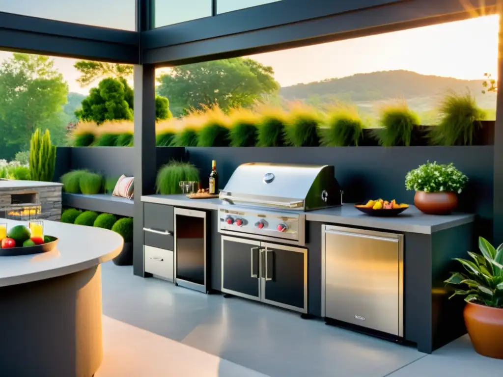 Cocina al aire libre de lujo con parrillas y atardecer dorado Una cocina exterior moderna con barbacoas de carbón vs eléctricas, iluminada por la cálida luz del atardecer