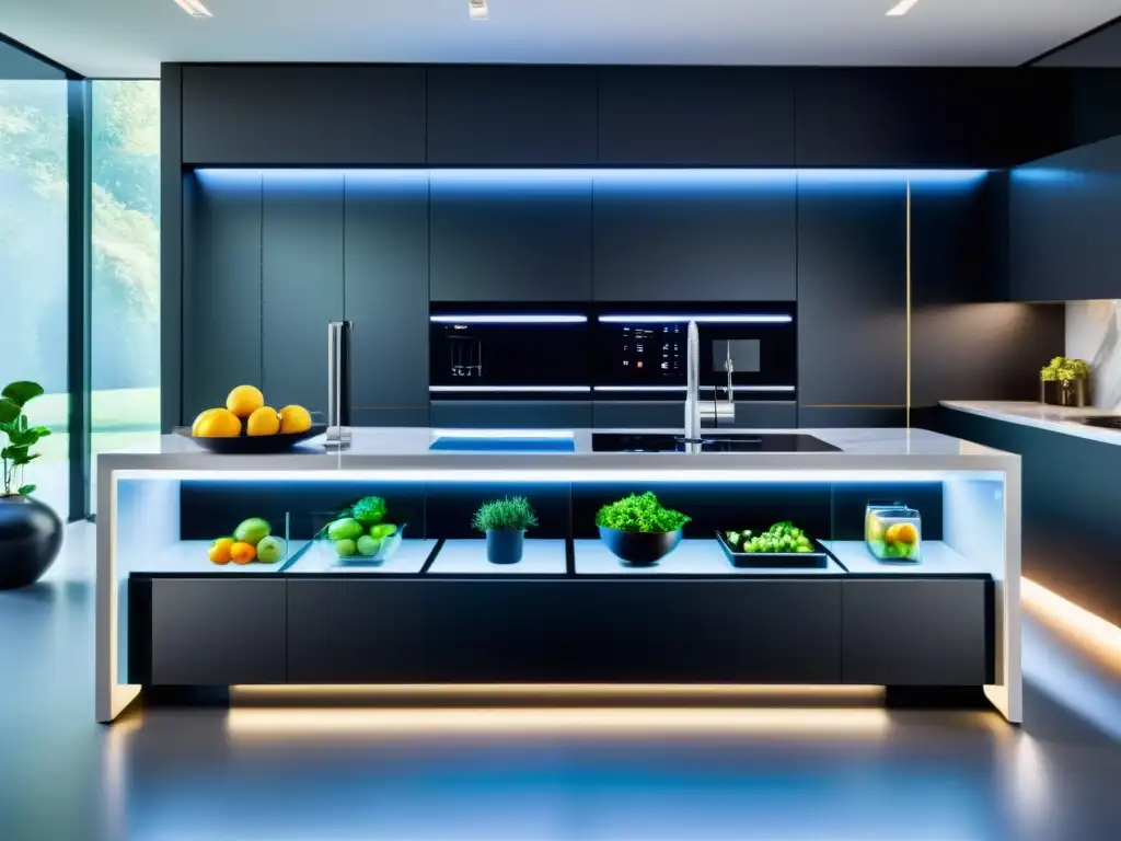 Smart kitchen futurista con electrodomésticos integrados Una cocina futurista con diseño minimalista y electrodomésticos inteligentes para cocinas del futuro integrados