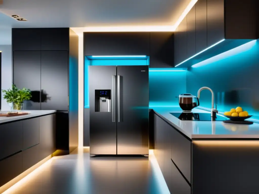 Cocina inteligente: tecnología y vida familiar Una cocina futurista con electrodomésticos conectados y sutil iluminación ambiental