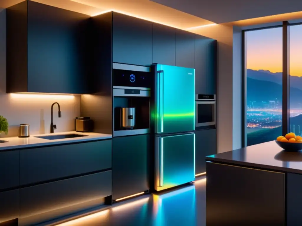 Cocina futurista conectada a 5G con holograma de eficiencia energética Una cocina futurista con electrodomésticos conectados a 5G, mostrando los beneficios de la conectividad 5G en la vida urbana moderna