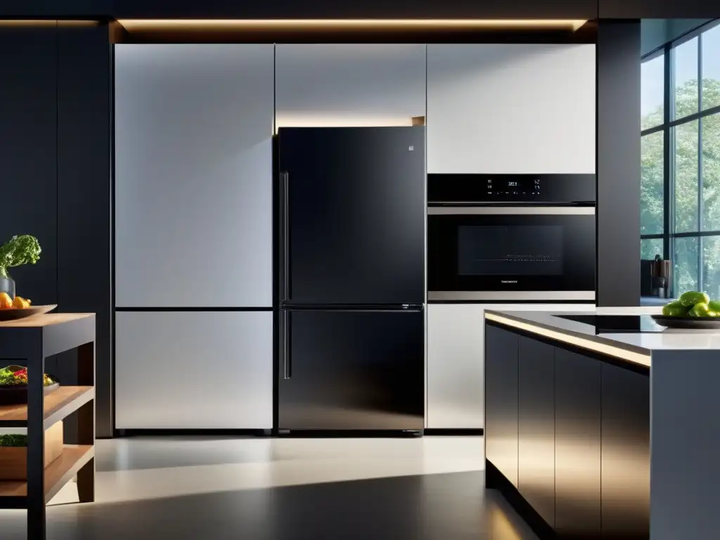 Cocina futurista: electrodomésticos inteligentes en un diseño minimalista Una cocina futurista con electrodomésticos tecnología hogar 2023 integrados en un diseño minimalista y elegante