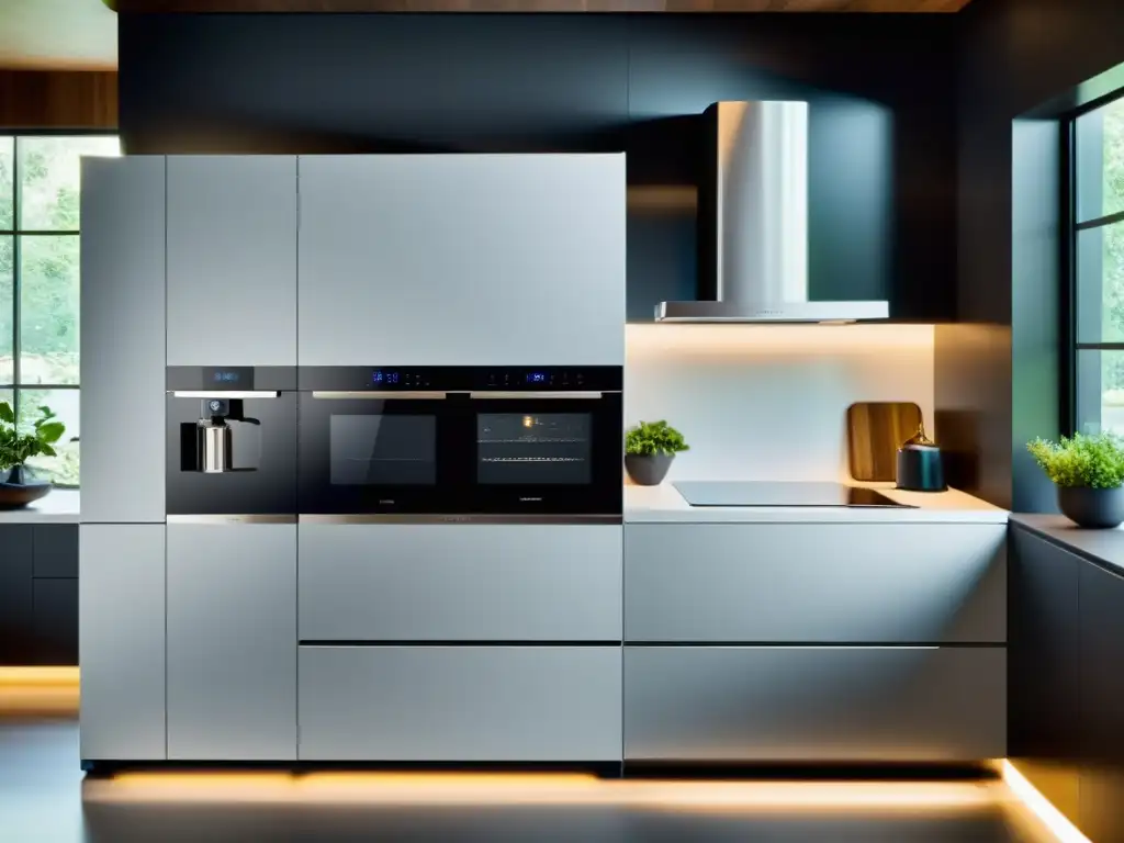 Cocina moderna con electrodomésticos inteligentes integrados Una cocina futurista con electrodomésticos inteligentes para hogar sostenible integrados en el diseño, creando un ambiente moderno y acogedor