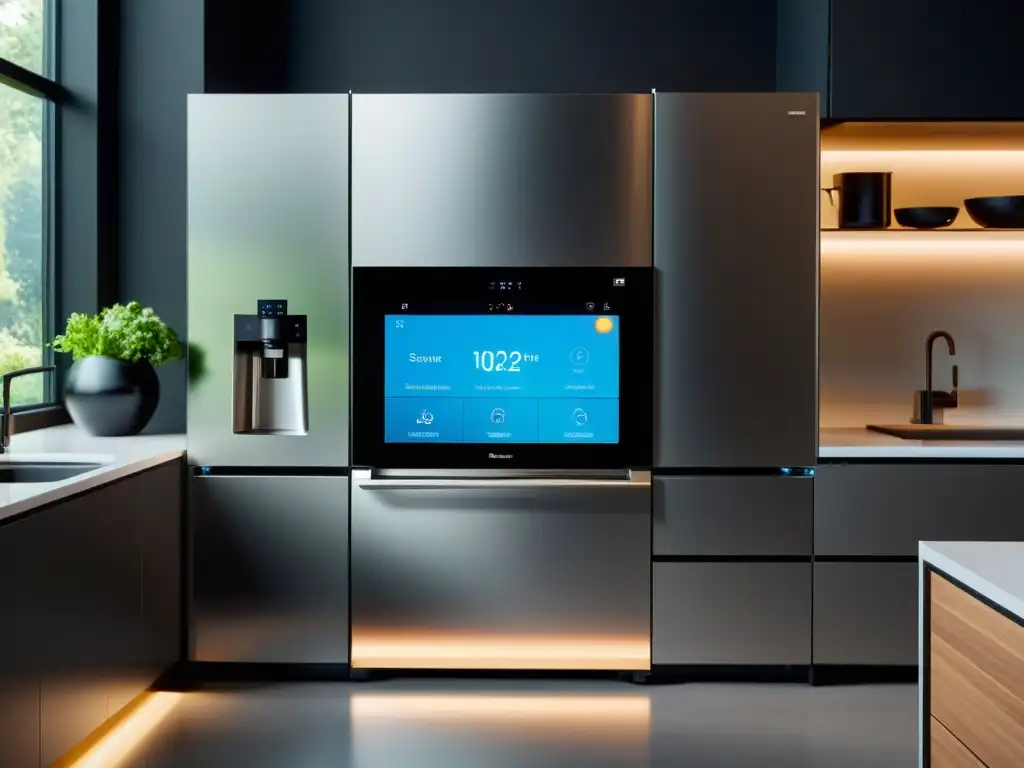 Cocina futurista con electrodomésticos inteligentes y diseño minimalista Una cocina futurista con electrodomésticos inteligentes integrados en un diseño minimalista