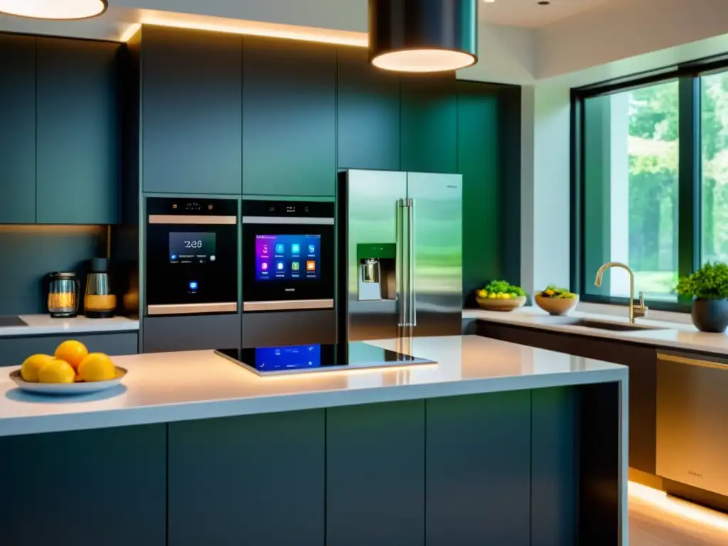 Cocina inteligente 8k: tecnología futurista y conectividad Una cocina futurista con electrodomésticos inteligentes para casa, iluminación ambiental y tecnología integrada