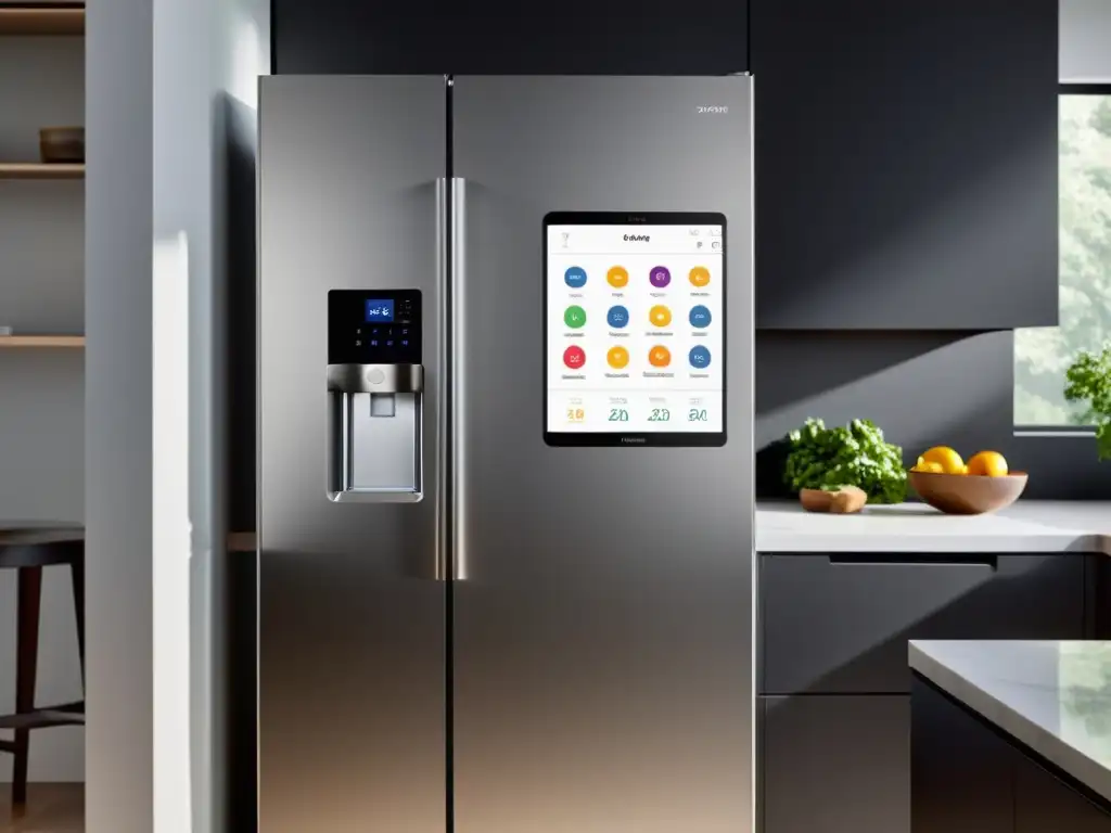 Refrigerador inteligente conectado: cocina futurista Una cocina futurista con los mejores electrodomésticos inteligentes, seguridad y diseño minimalista