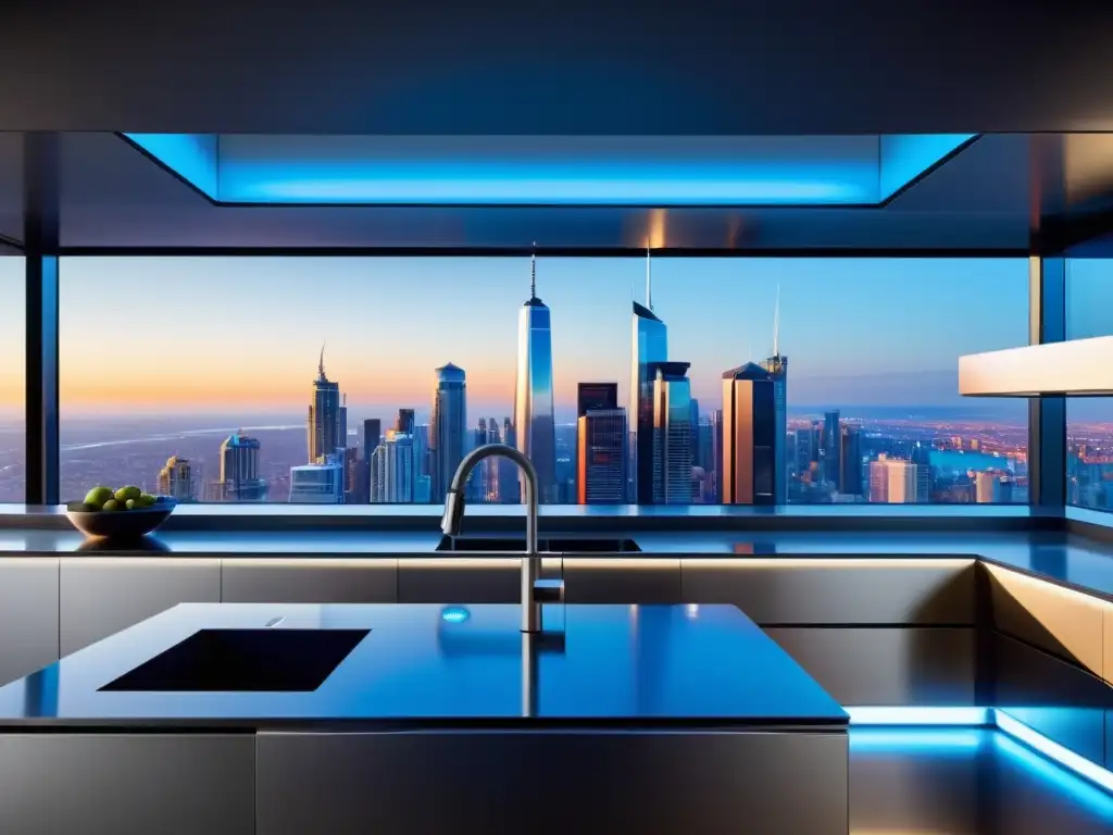 Cocina futurista con tecnología inteligente integrada y vistas urbanas Cocina futurista con tecnología integrada, control remoto y vista urbana