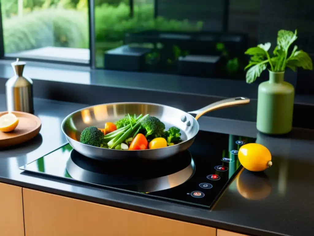 Cocina de lujo: moderno cooktop de inducción en elegante entorno Una cocina de inducción moderna y eficiente con utensilios de cocina en ebullición y salteando verduras